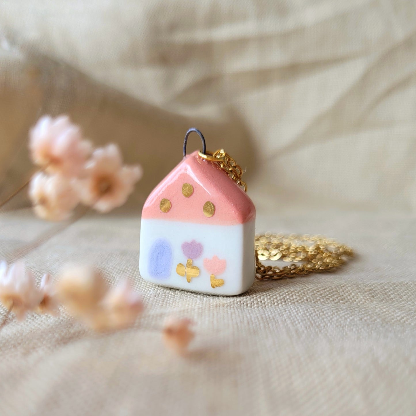 Porcelain necklace with gold "Pink house with purple door"