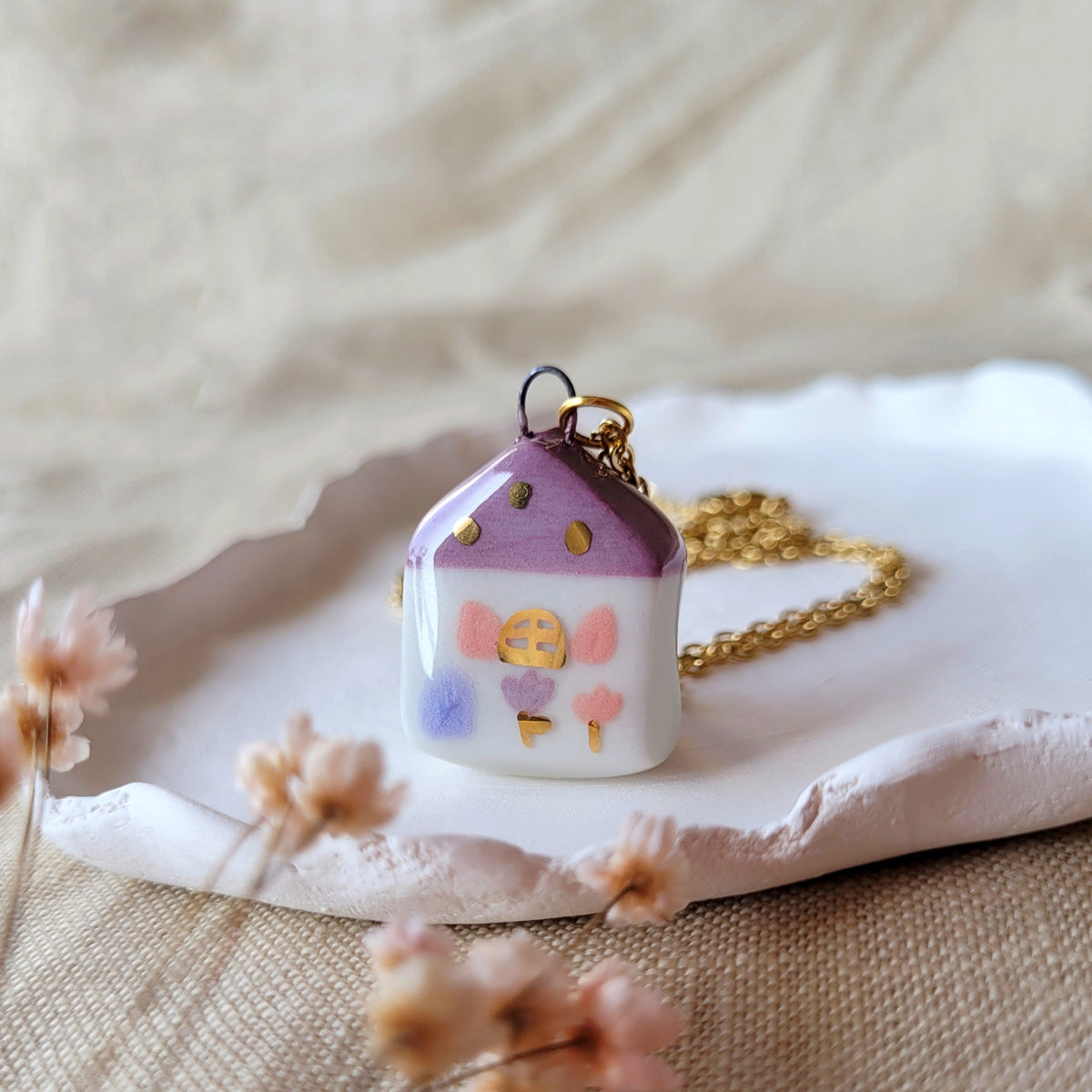 Porcelain necklace with gold "Dark pink house with pink window"