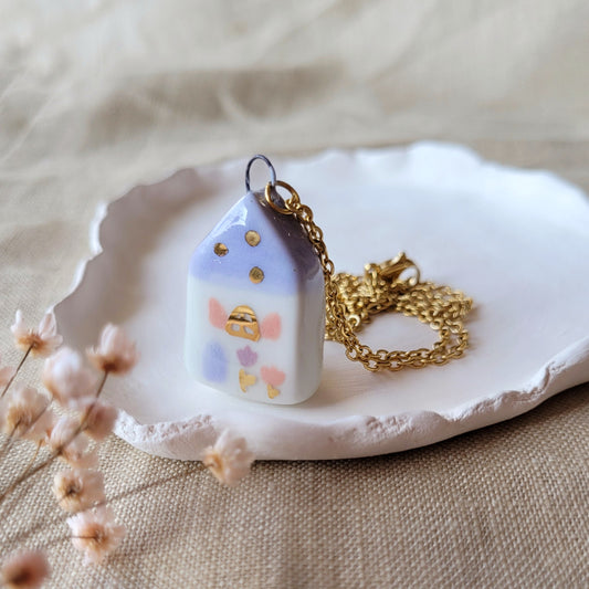 Porcelain necklace with gold "Light purple house with pink window"