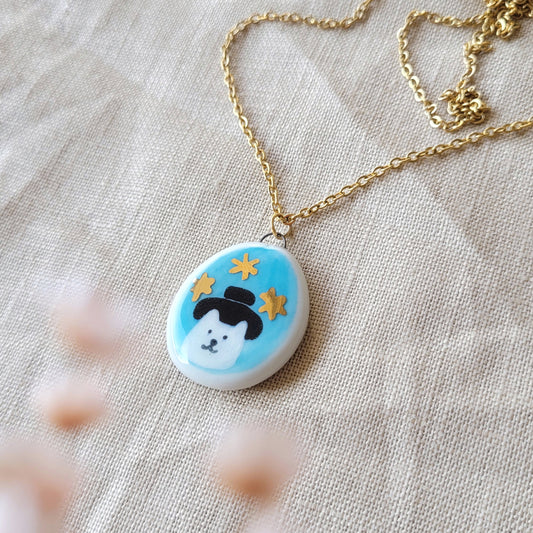 Porcelain necklace with gold "Mr. Cat"