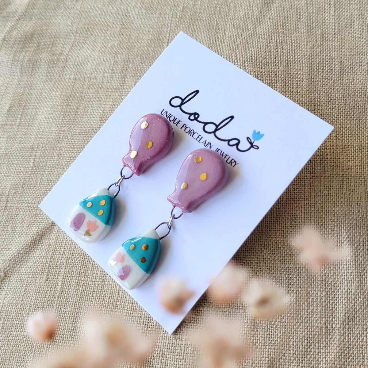 Porcelain stud earrings with gold "Green house and dark pink balloon"