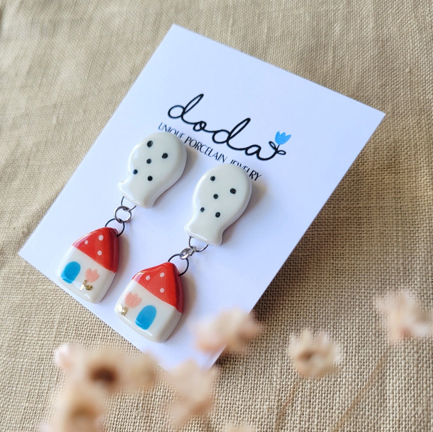 Porcelain stud earrings with gold "Red house with white balloon"