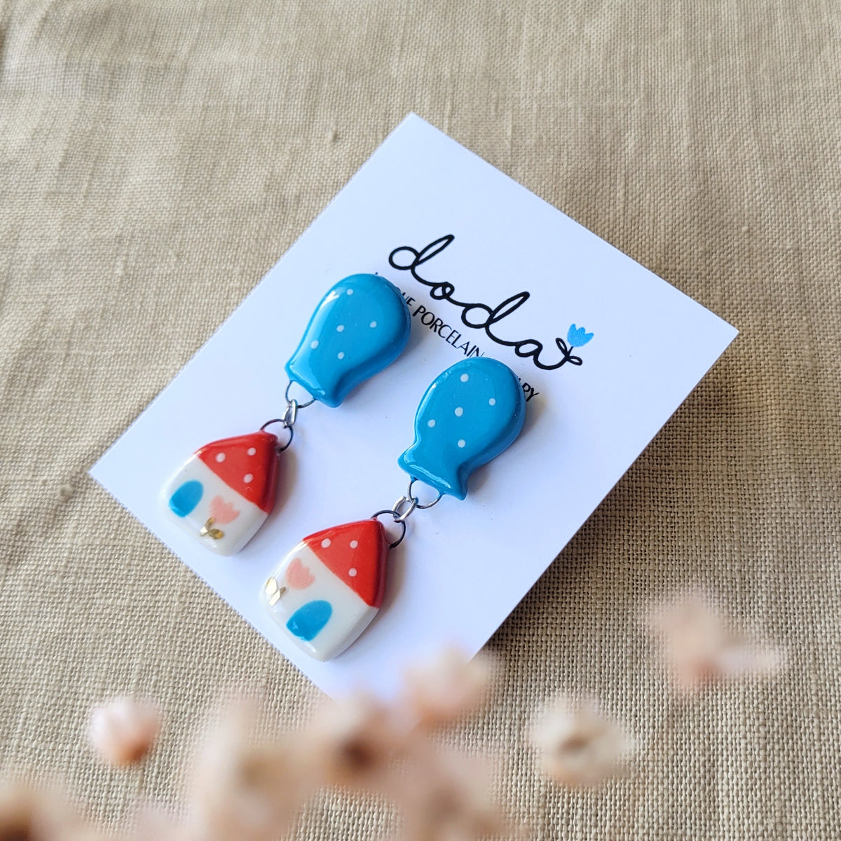 Porcelain stud earrings with gold "Red house with blue balloon"
