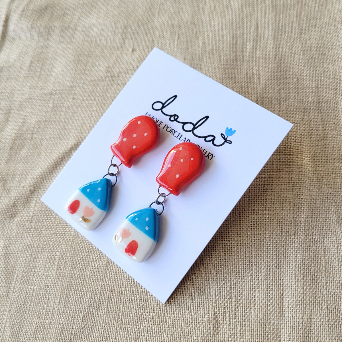 Porcelain stud earrings with gold "Blue house with red balloon"
