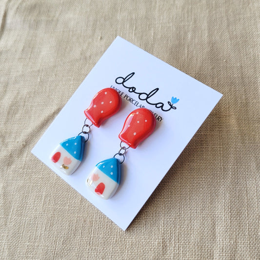 Porcelain stud earrings with gold "Blue house with red balloon"