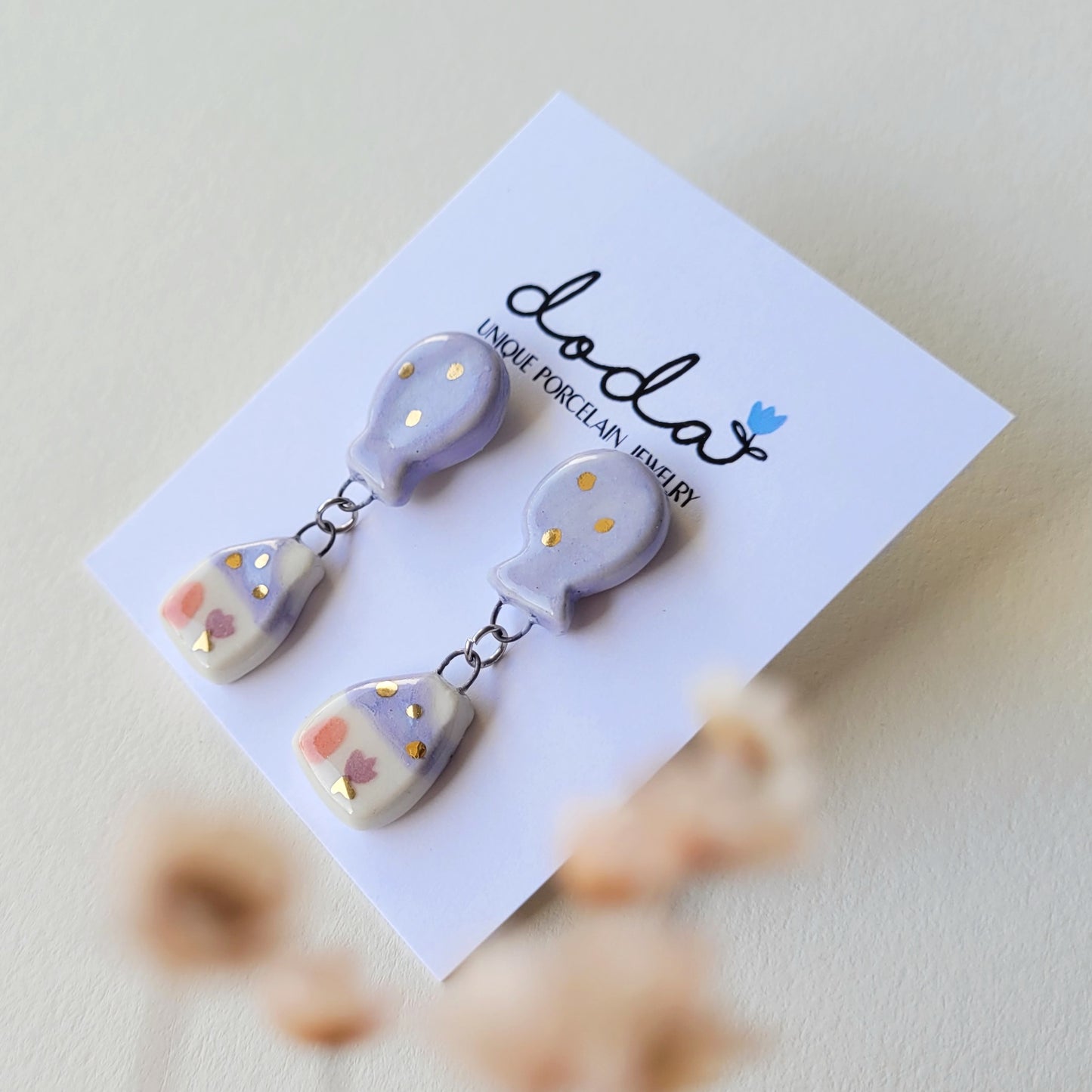 Porcelain stud earrings with gold "Purple house with chimney"