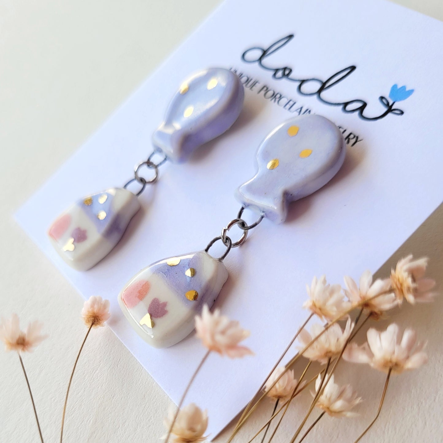 Porcelain stud earrings with gold "Purple house with chimney"