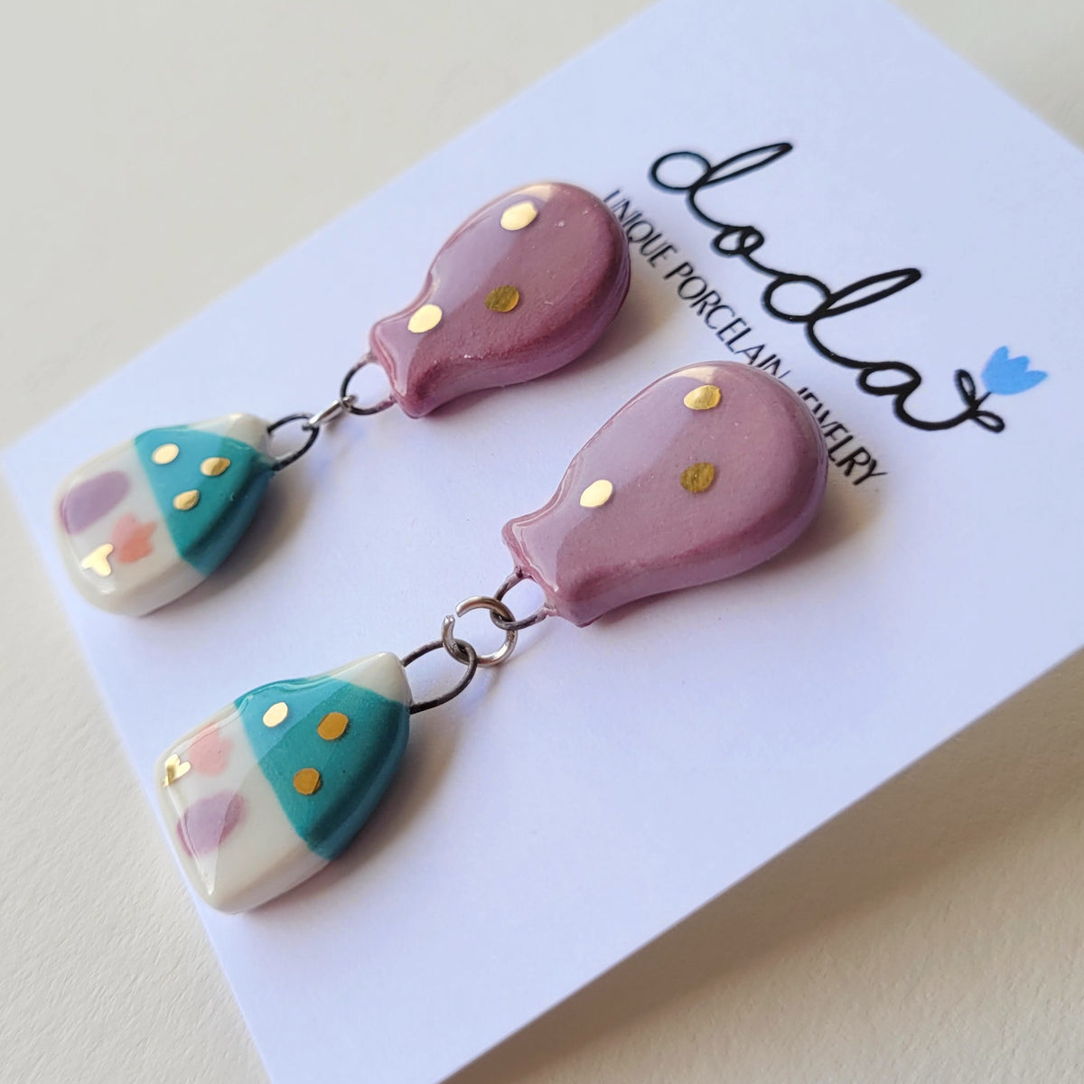 Porcelain stud earrings with gold "Green house and dark pink balloon"