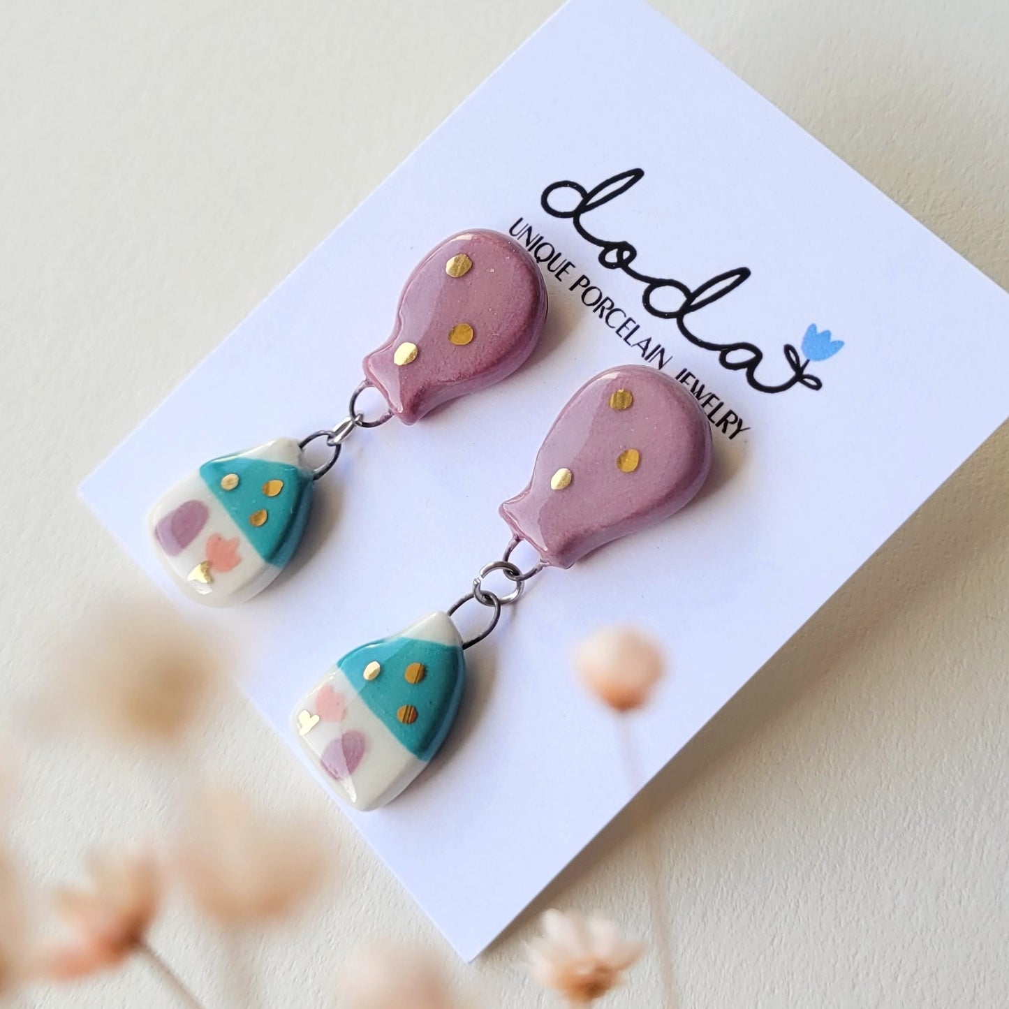 Porcelain stud earrings with gold "Green house and dark pink balloon"