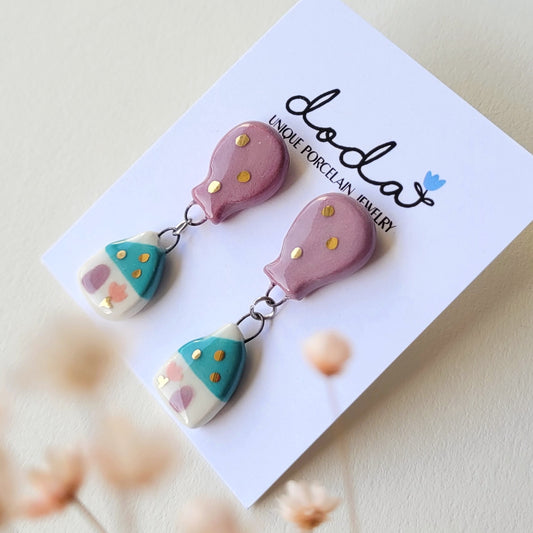 Porcelain stud earrings with gold "Green house and dark pink balloon"