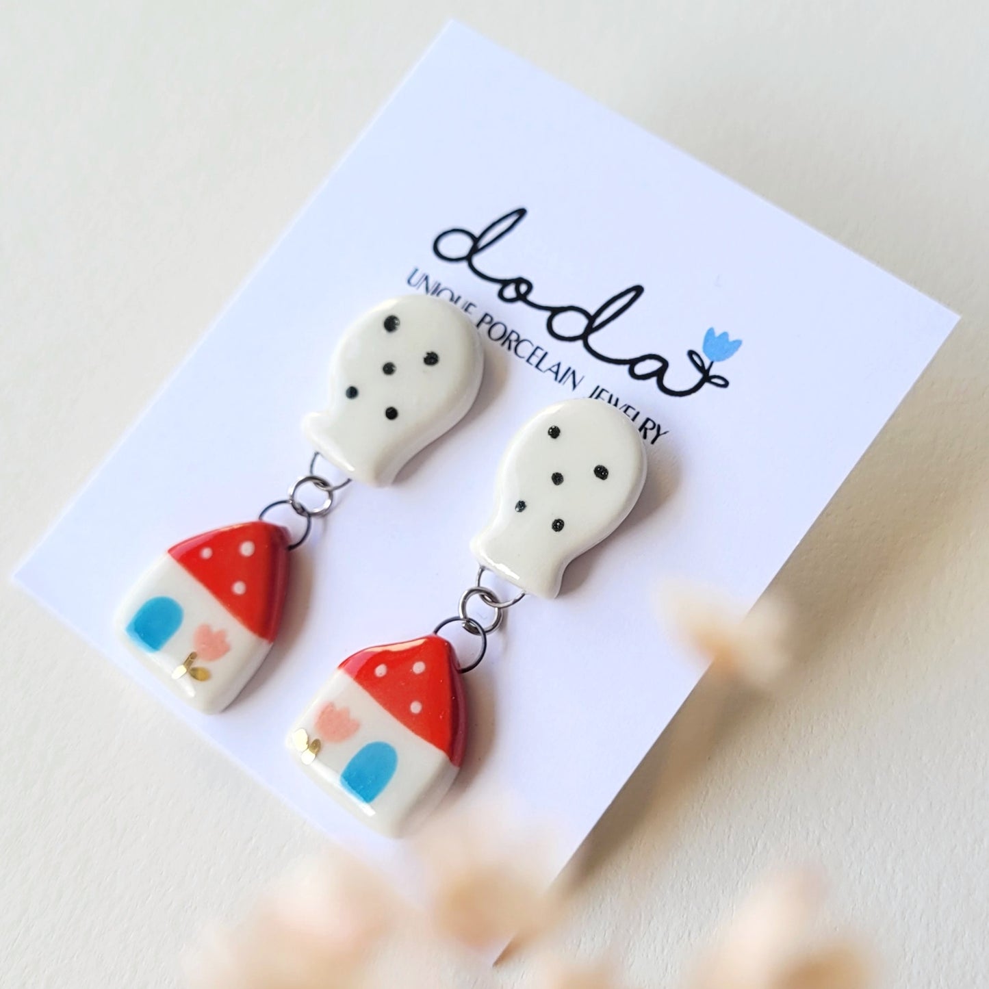Porcelain stud earrings with gold "Red house with white balloon"