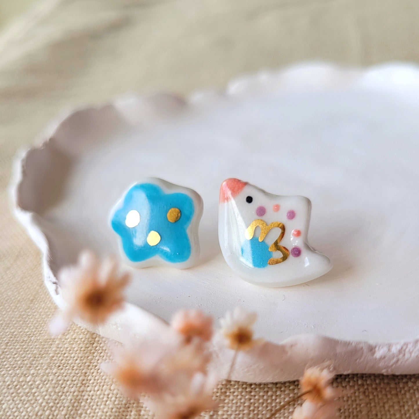 Porcelain stud earrings with gold "Little bird with blue cloud"