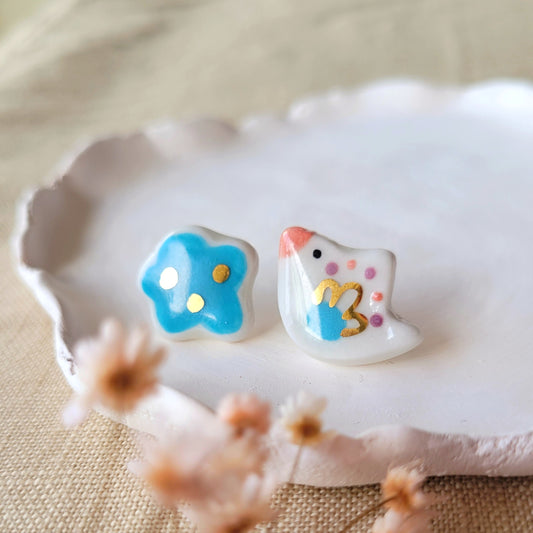Porcelain stud earrings with gold "White bird with cloud"