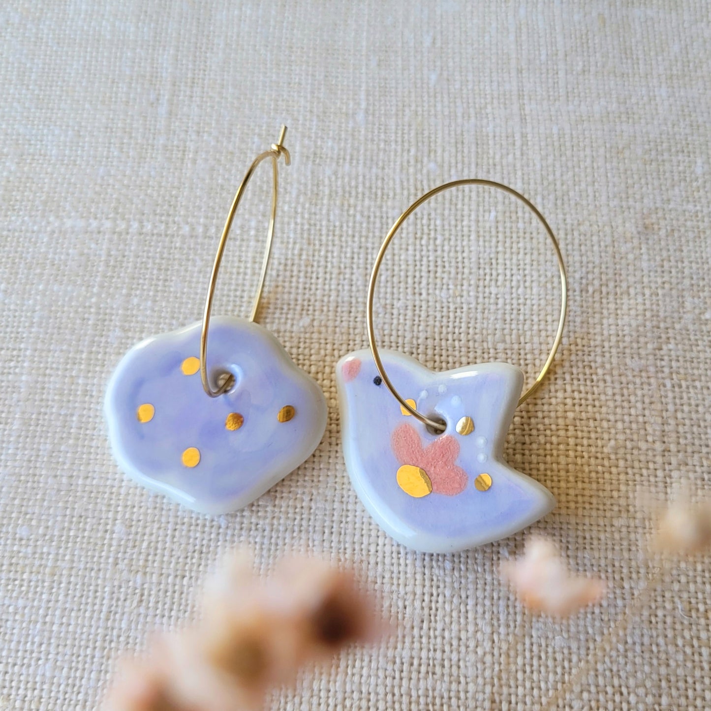 Porcelain dangle earrings with gold "Light purple bird and cloud"