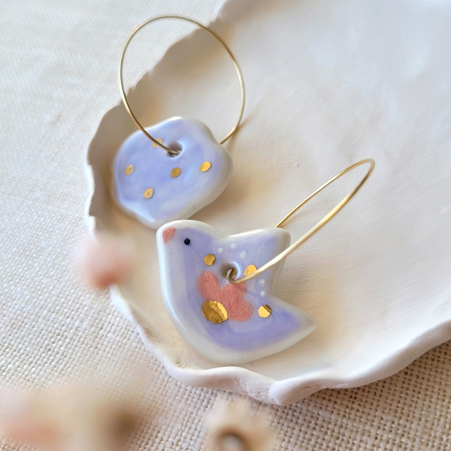 Porcelain dangle earrings with gold "Light purple bird and cloud"