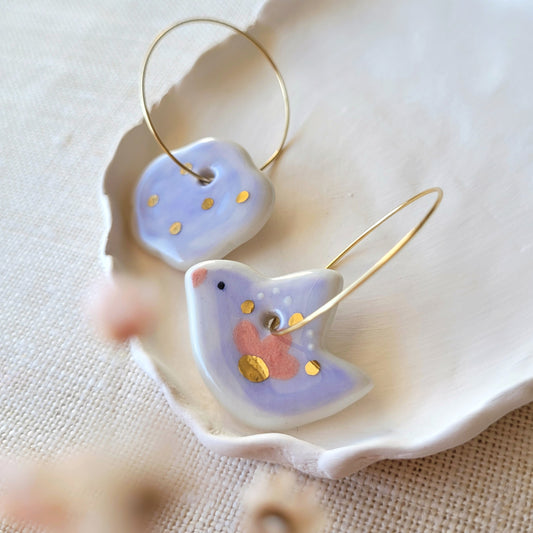 Porcelain dangle earrings with gold "Light purple bird and cloud"