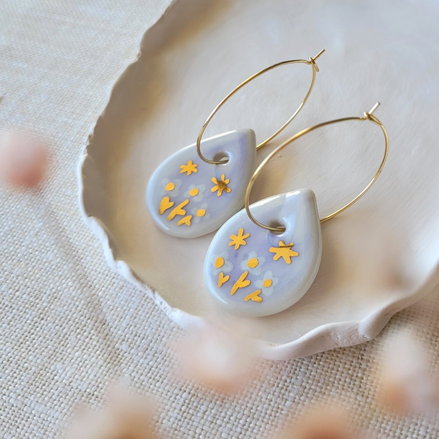 Porcelain dangle earrings with gold "Light purple teardrops with stars"