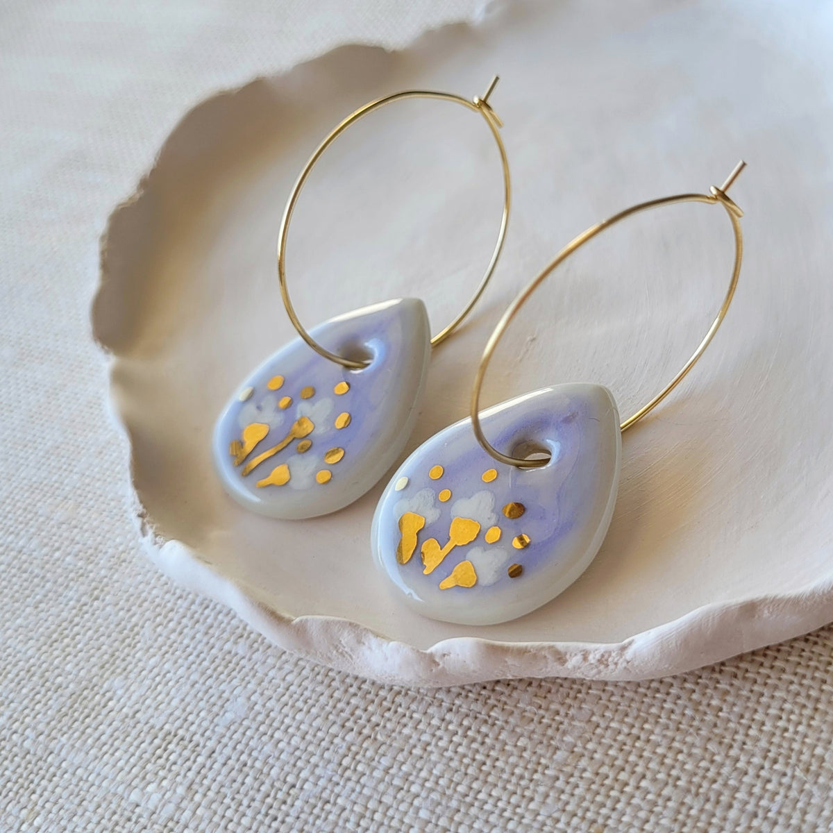 Porcelain dangle earrings with gold "Light purple teardrops with gold"