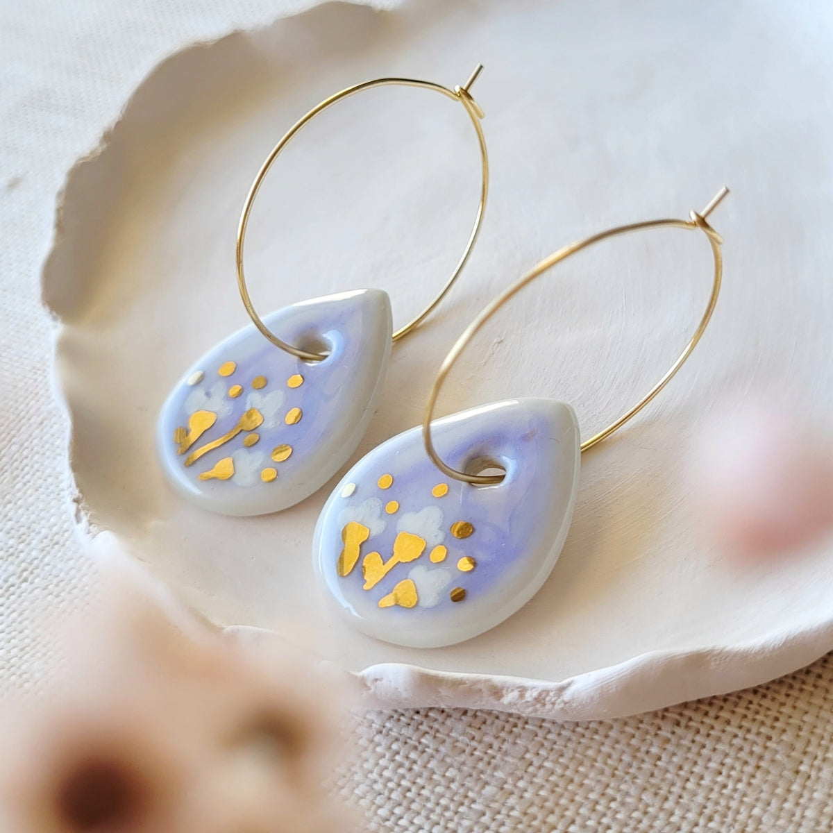 Porcelain dangle earrings with gold "Light purple teardrops with gold"