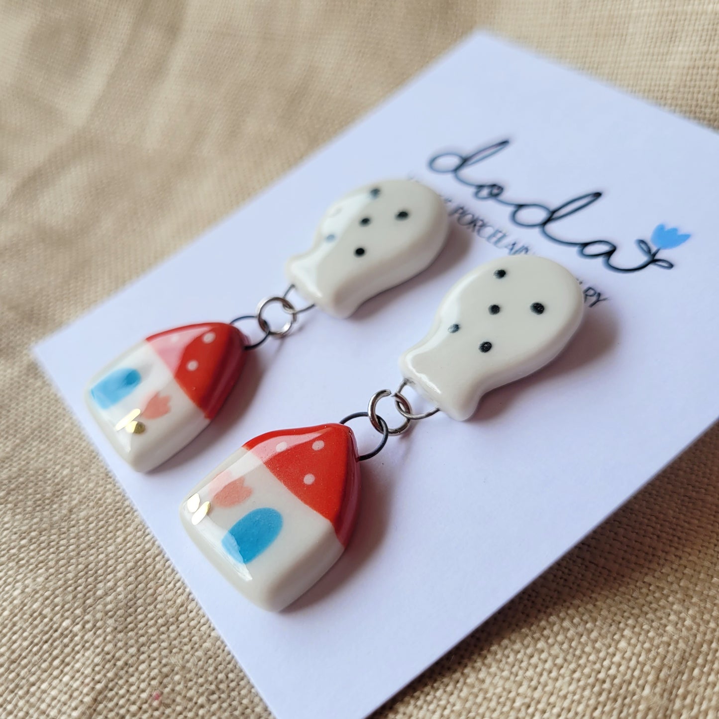 Porcelain stud earrings with gold "Red house with white balloon"