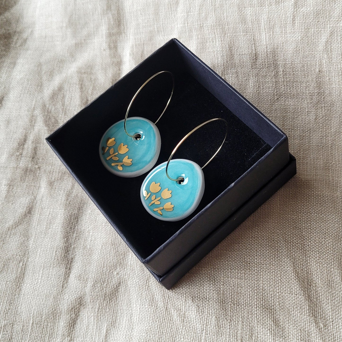 Porcelain dangle earrings with gold "Green and gold"
