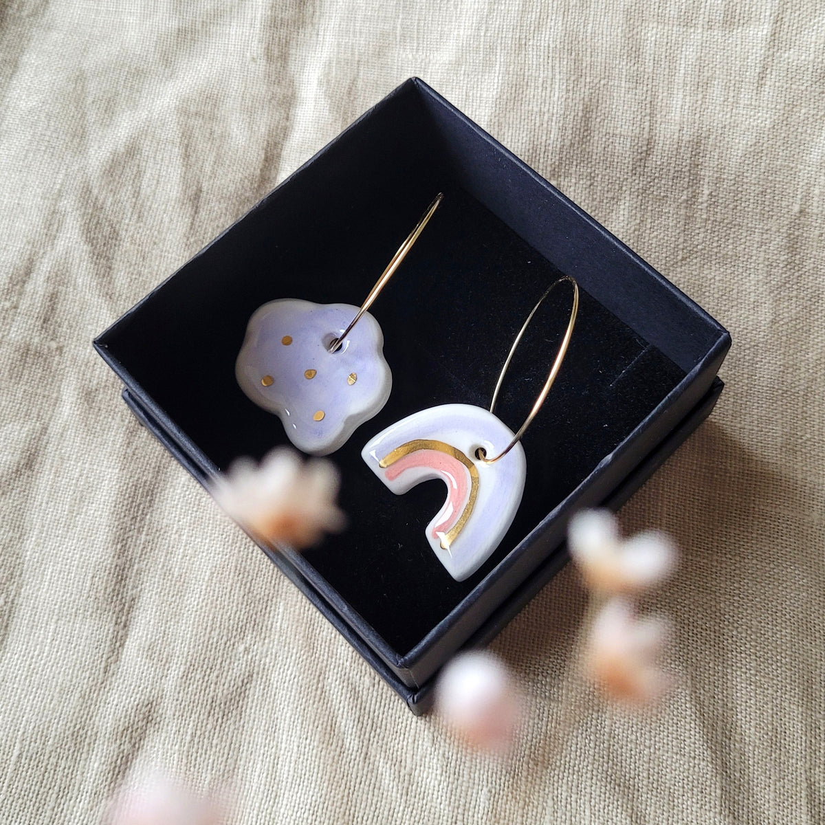 Porcelain dangle earrings with gold "Light purple cloud and rainbow with red"