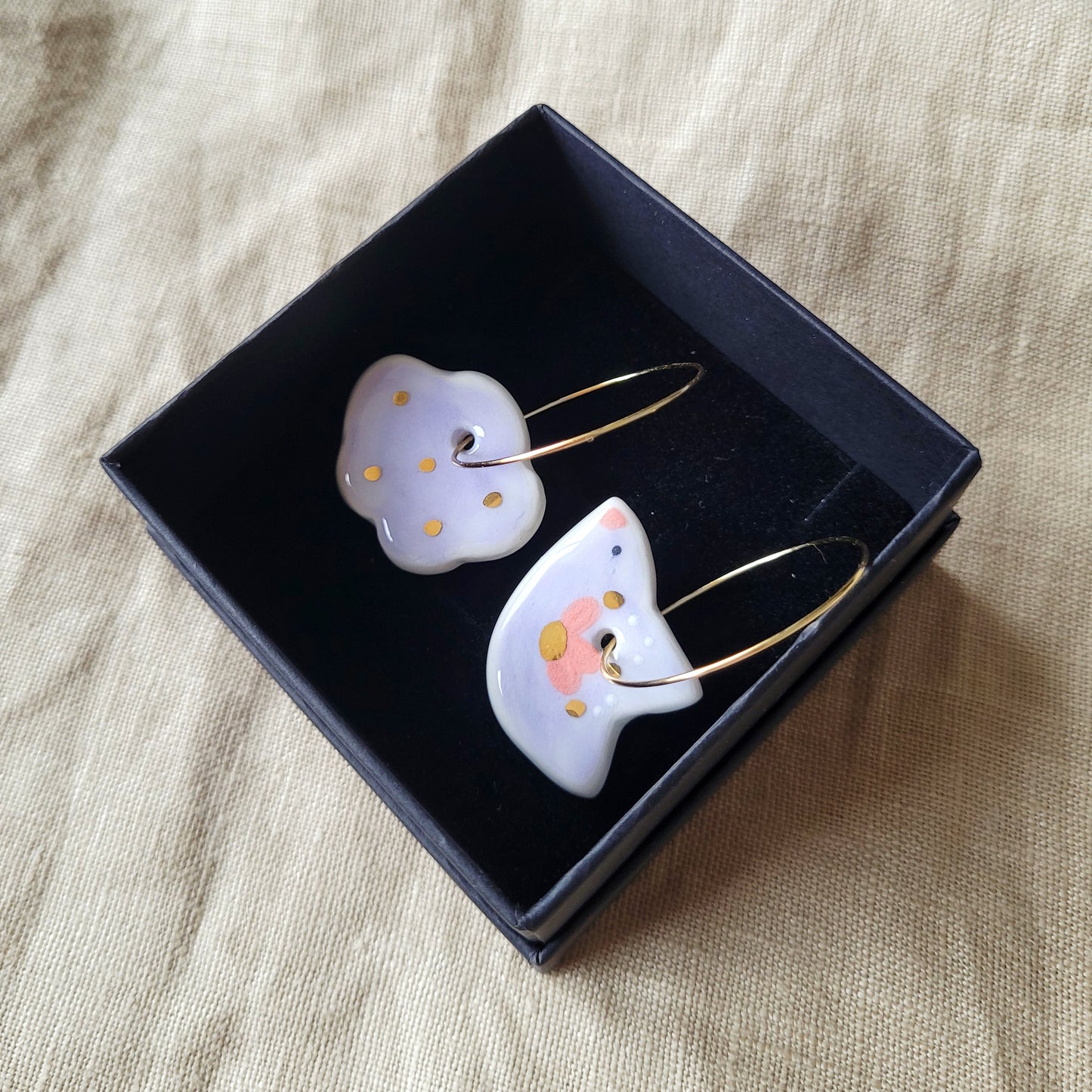 Porcelain dangle earrings with gold "Light purple bird and cloud"