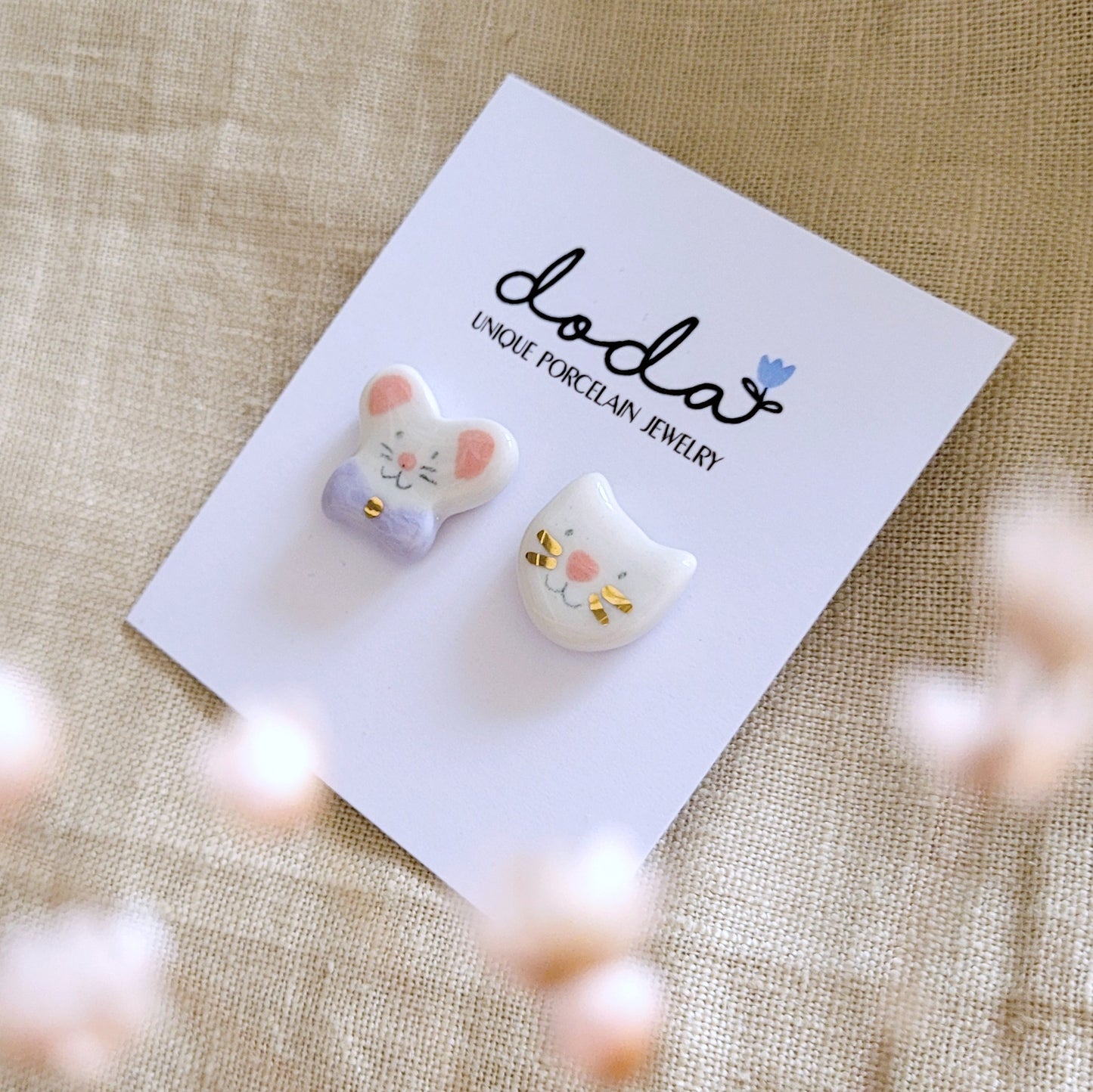 Porcelain stud earrings with gold "Cat and mouse"