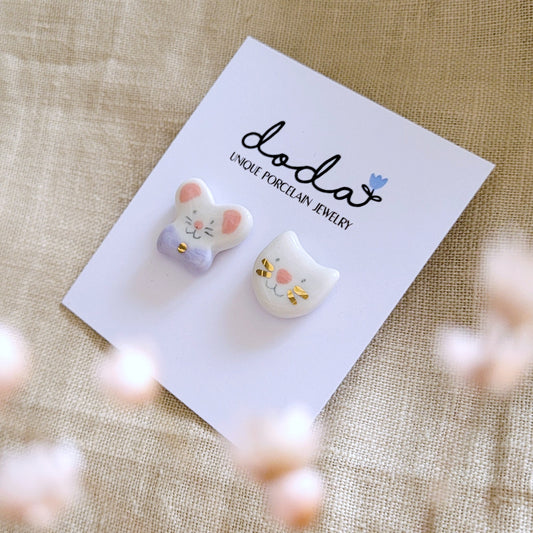 Porcelain stud earrings with gold "Cat and mouse"