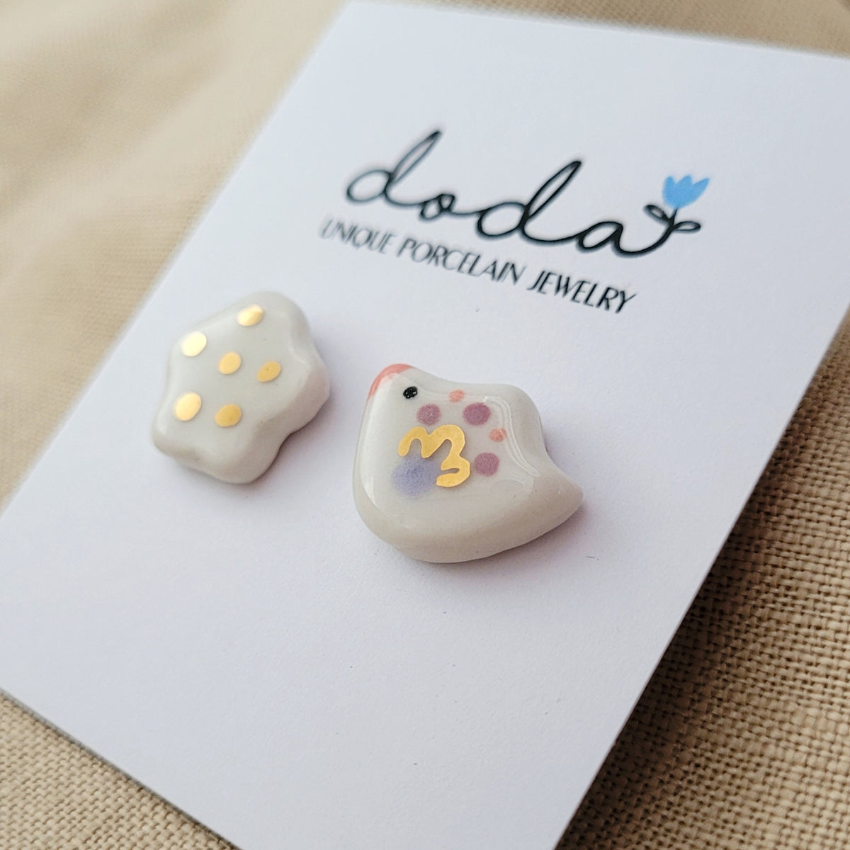 Porcelain stud earrings with gold "Little bird with white cloud"