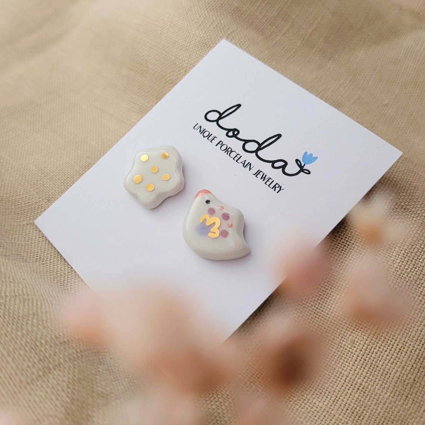 Porcelain stud earrings with gold "Little bird with white cloud"