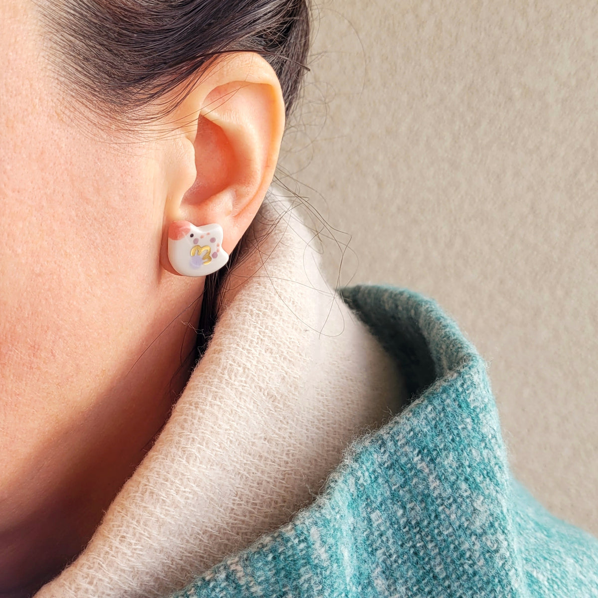 Porcelain stud earrings with gold "Little bird with white cloud"