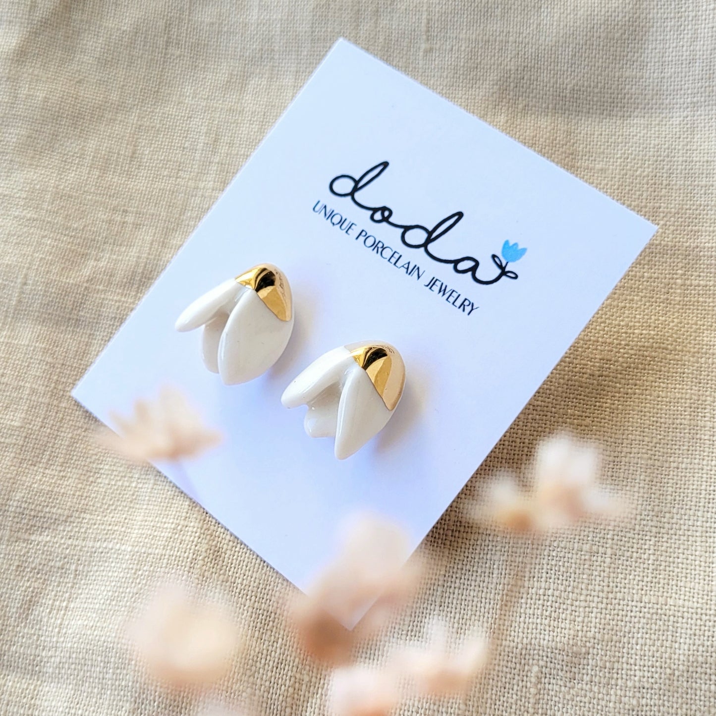 Porcelain stud earrings with gold "Snowdrops"