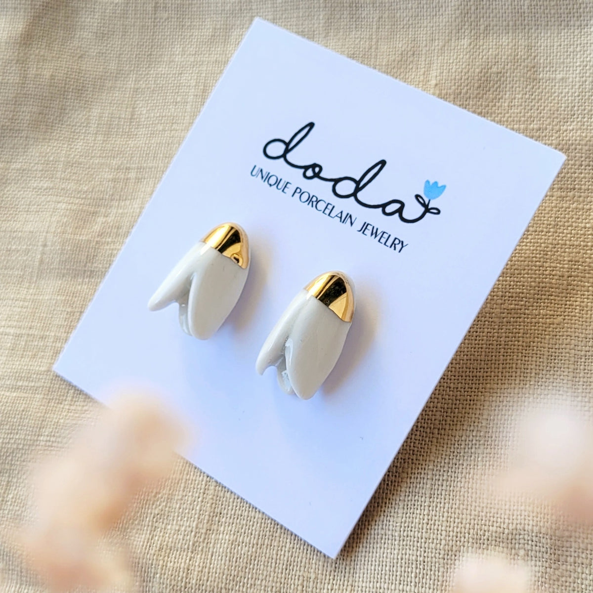 Porcelain stud earrings with gold "Snowdrops"