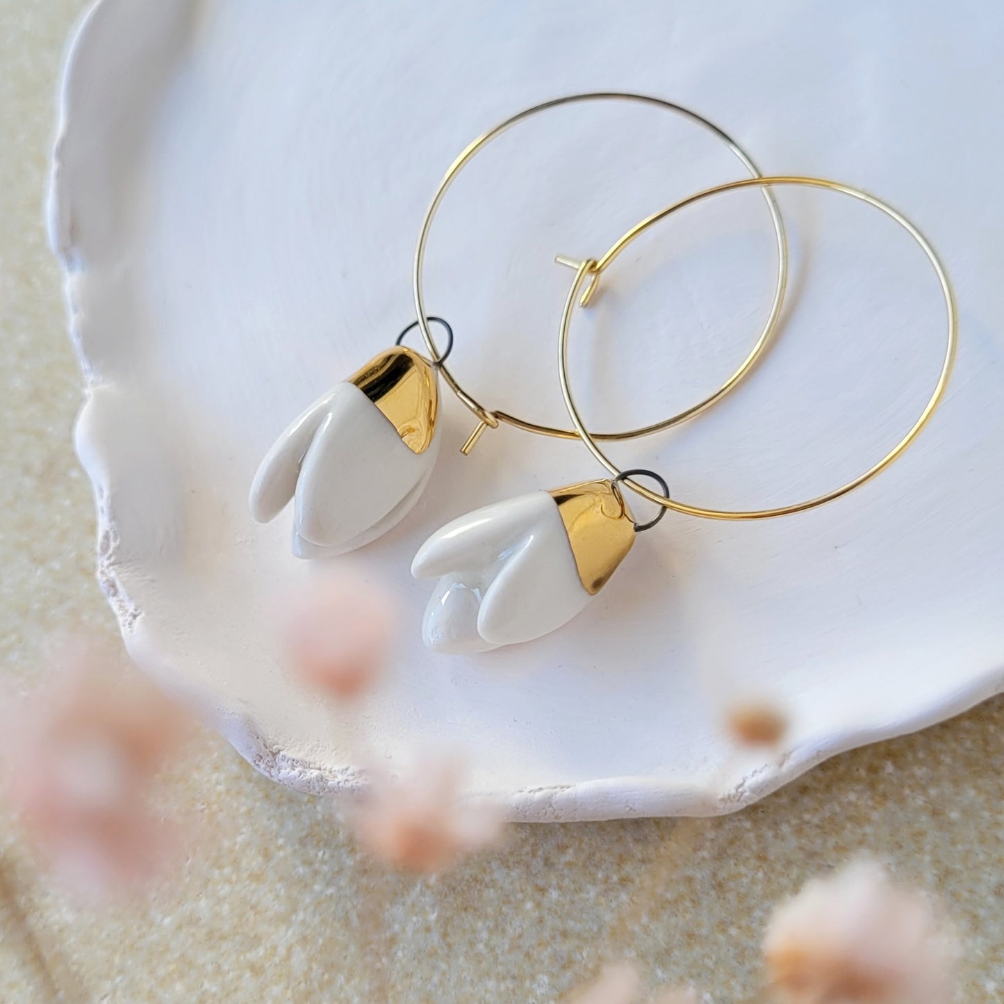Porcelain dangle earrings with gold "Snowdrops"