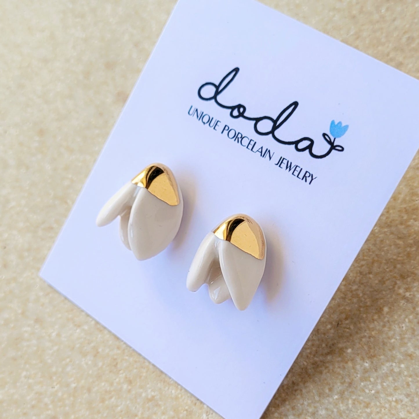 Porcelain stud earrings with gold "Snowdrops"