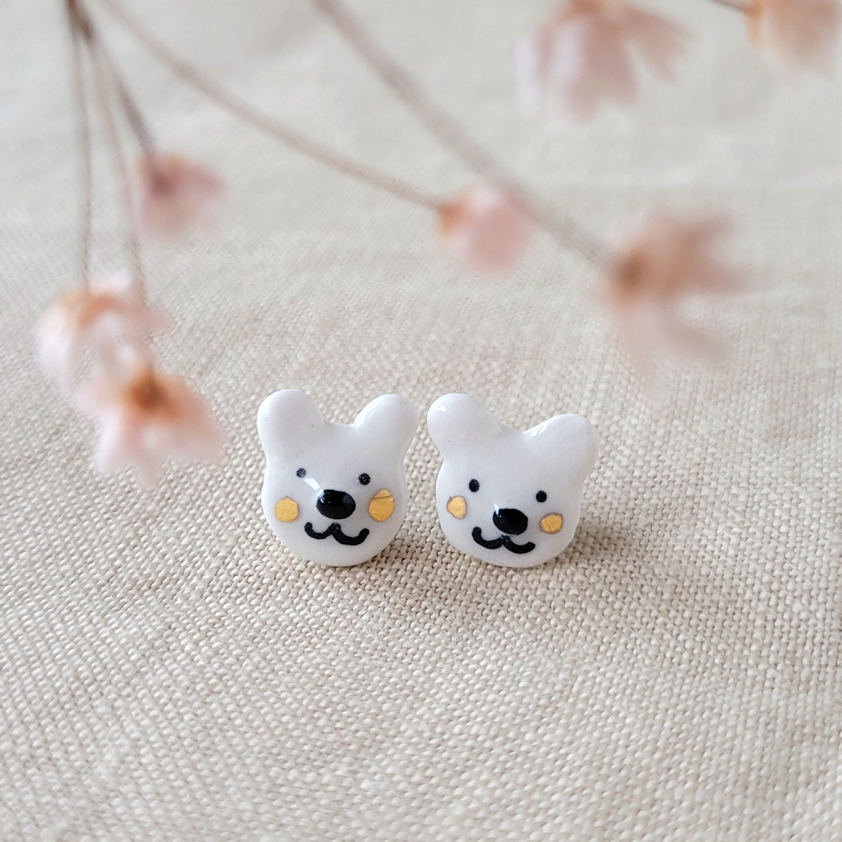 Porcelain stud earrings with gold "Tiny bears 1"