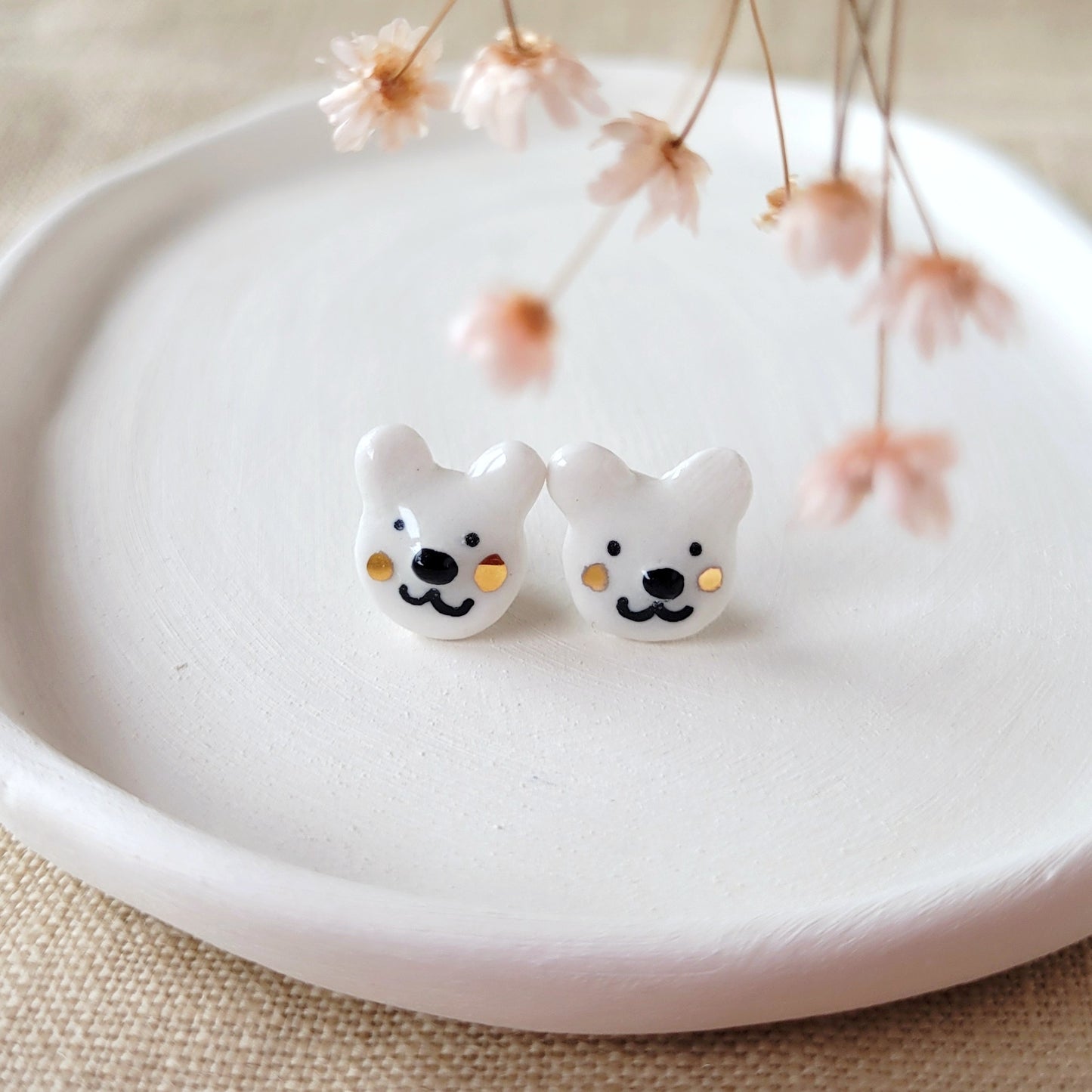 Porcelain stud earrings with gold "Tiny bears 1"