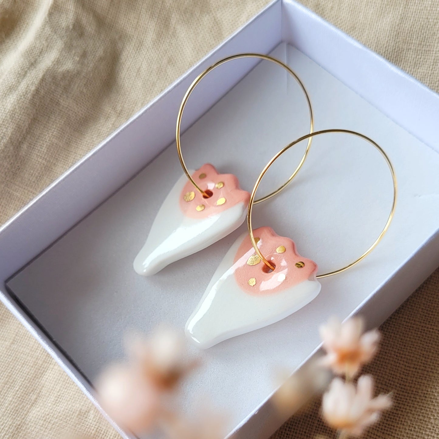 Porcelain dangle earrings with gold "Pink tulips"