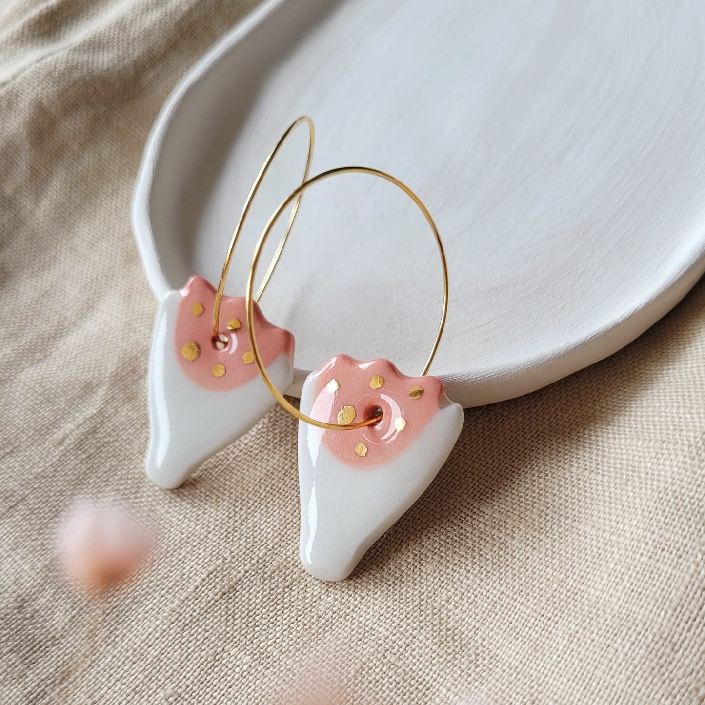 Porcelain dangle earrings with gold "Pink tulips"