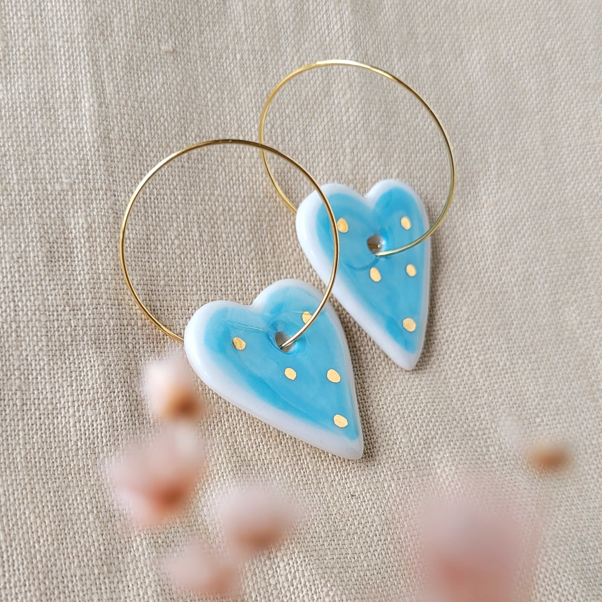 Porcelain dangle earrings with gold "White and blue hearts"