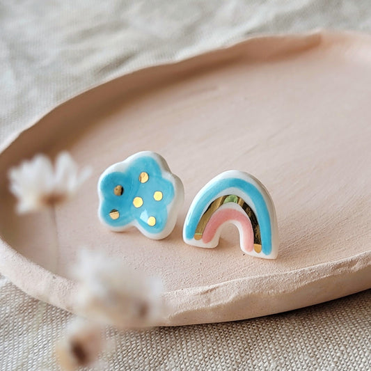 Porcelain stud earrings with gold "Light blue cloud and rainbow"