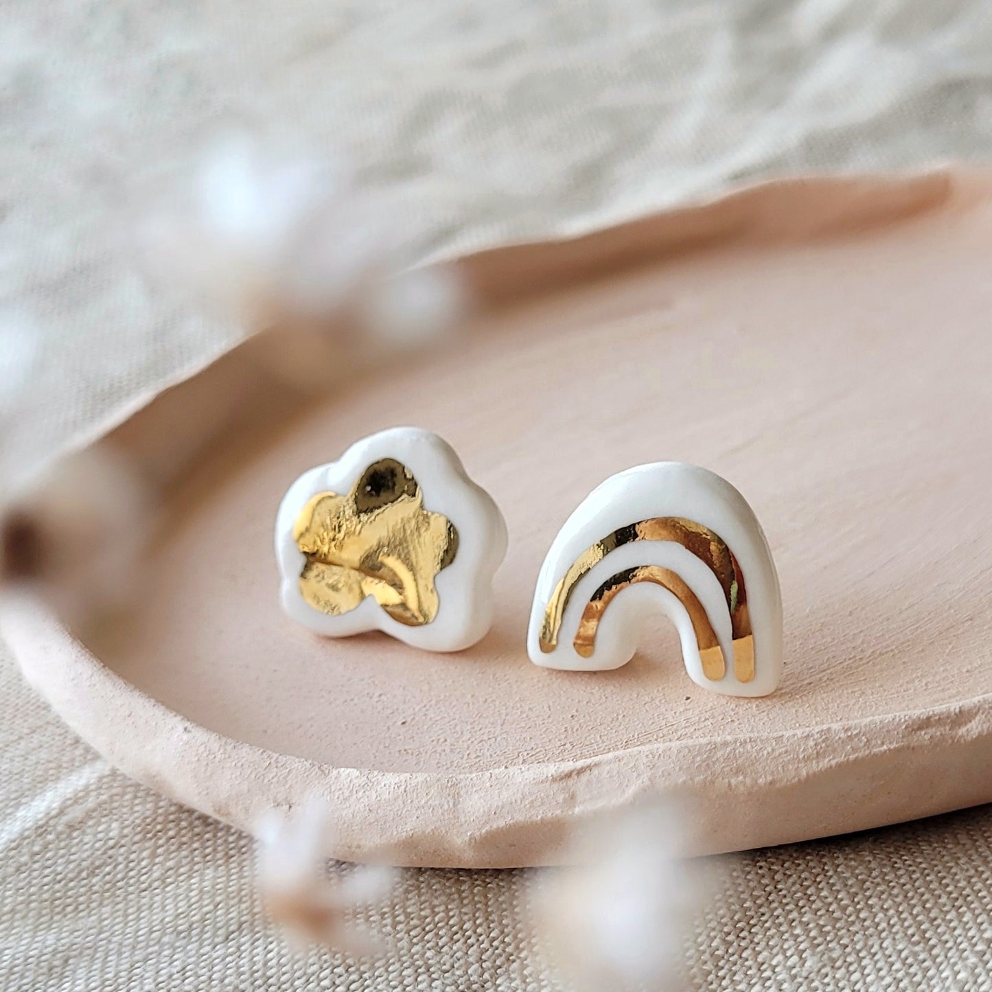 Porcelain stud earrings with gold "White and gold cloud and rainbow"