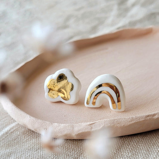 Porcelain stud earrings with gold "White and gold cloud and rainbow"