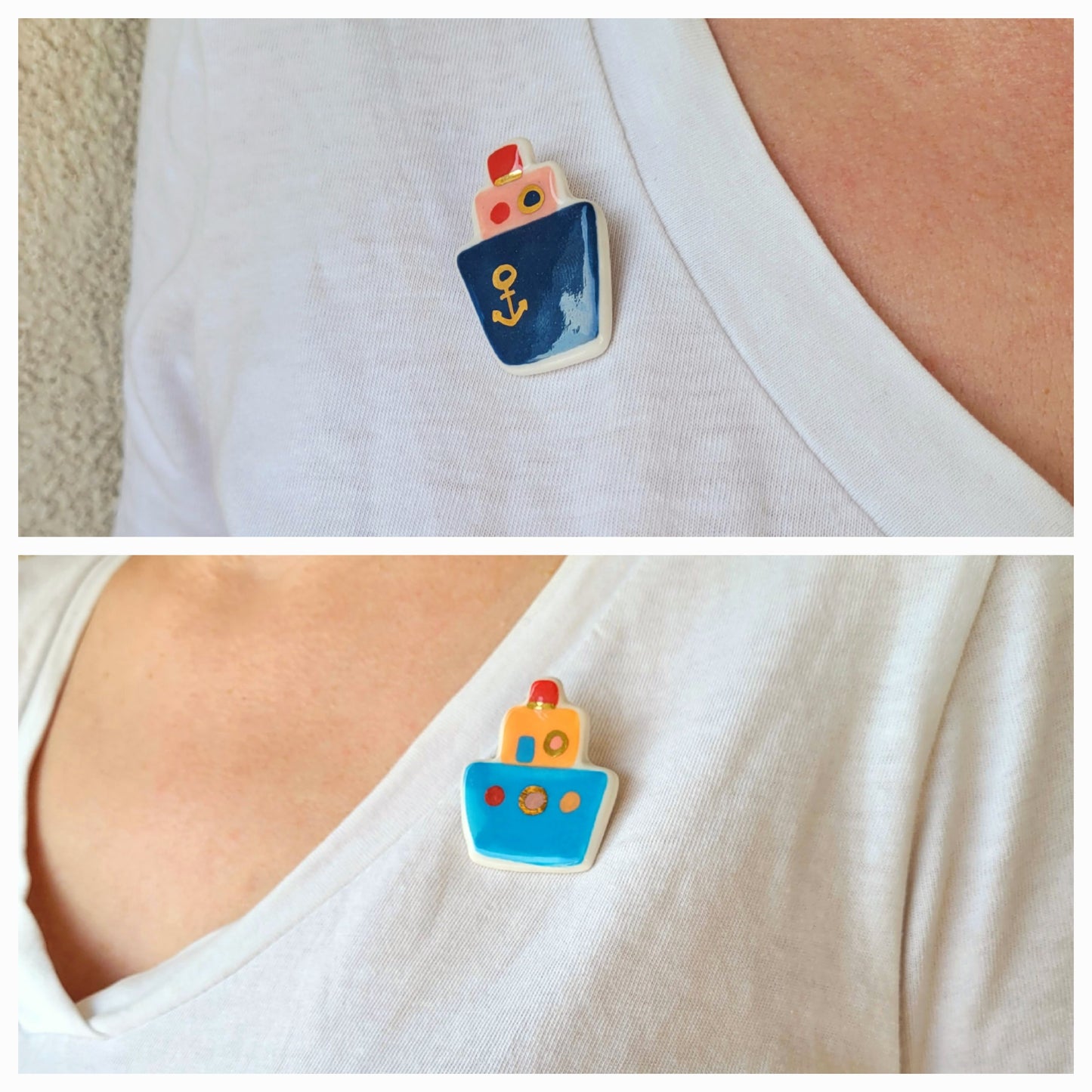 Porcelain brooch with gold "Blue boat"