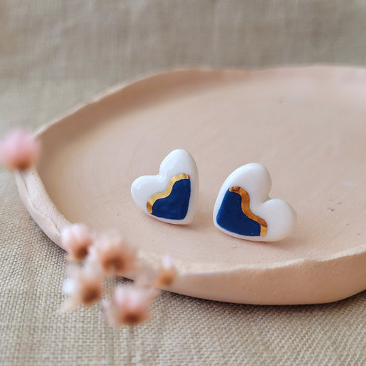 Porcelain stud earrings with gold "Hearts with dark blue waves"