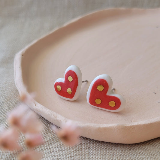 Porcelain stud earrings with gold "Red hearts with dots"