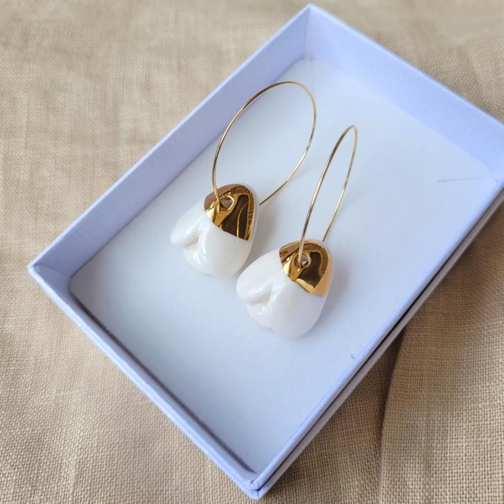 Porcelain dangle earrings with gold "Snowdrops"