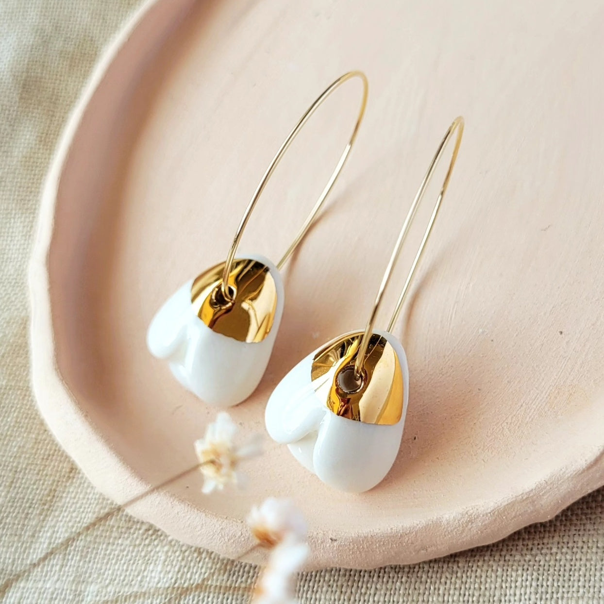 Porcelain dangle earrings with gold "Snowdrops"