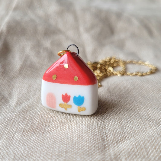 Porcelain necklace with gold "Red house with tulips"